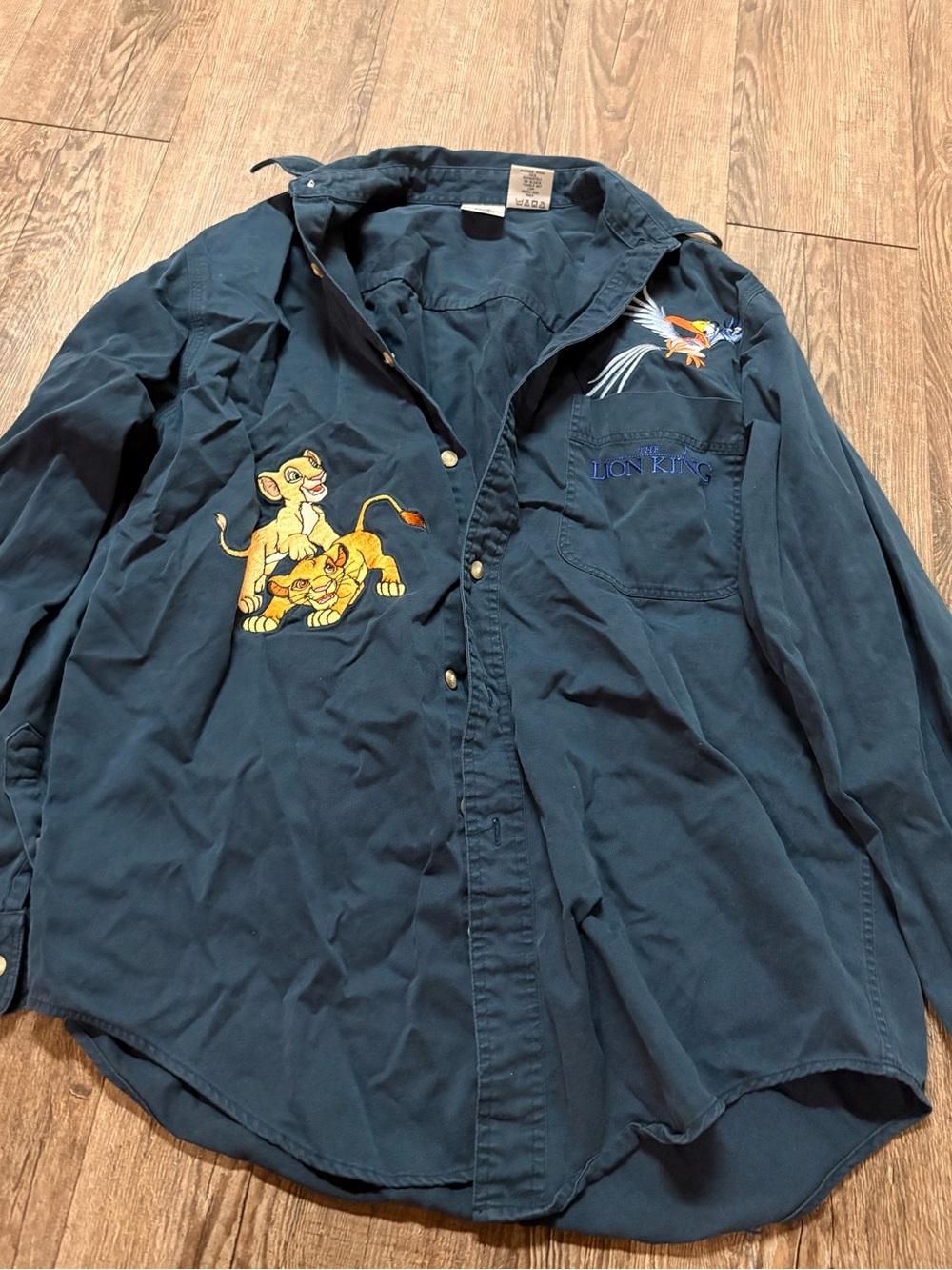 Vintage Disney Navy Button-Down Shirt with The Lion King Embroidery